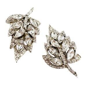 Vintage Bellini Earrings Signed Crystal Rhinestone Leaf Spray Silver Tone